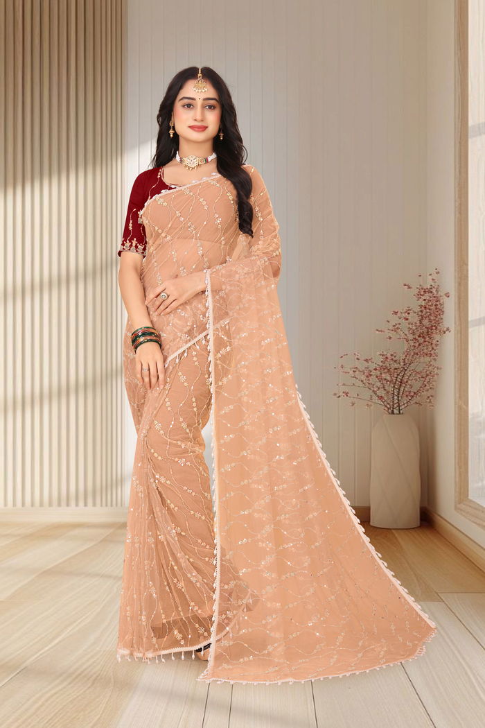 Sona Beige Pearl Cutwork Saree — Zardozi Cutwork with Scalloped Jaal Border