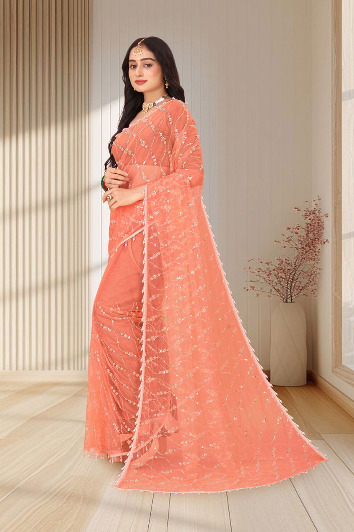 Khubani Coral Sequin Saree — view 2
