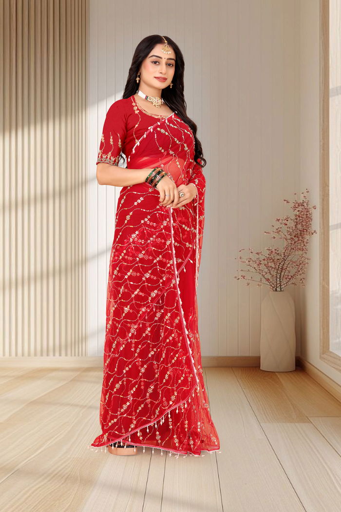 Sindoori Ruby Sequin Jaal Saree — view 2