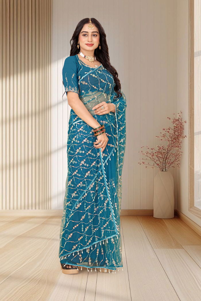 Morpankhi Teal Cutwork Saree — view 3