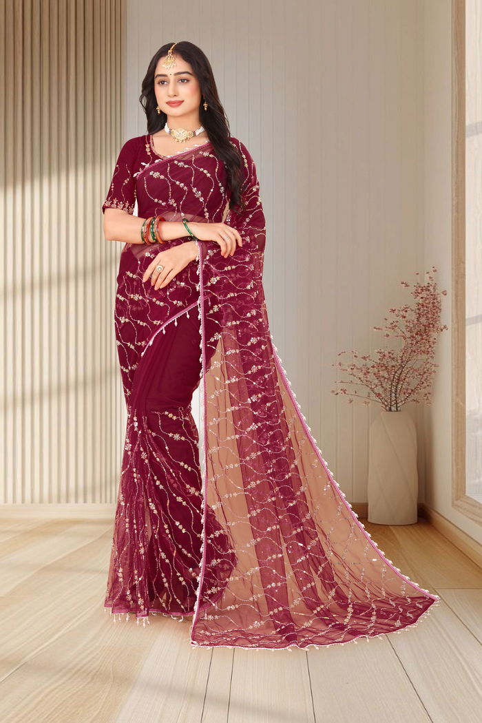Sharaabi Wine Zari Jaal Saree — Zardozi Cutwork with Scalloped Jaal Border