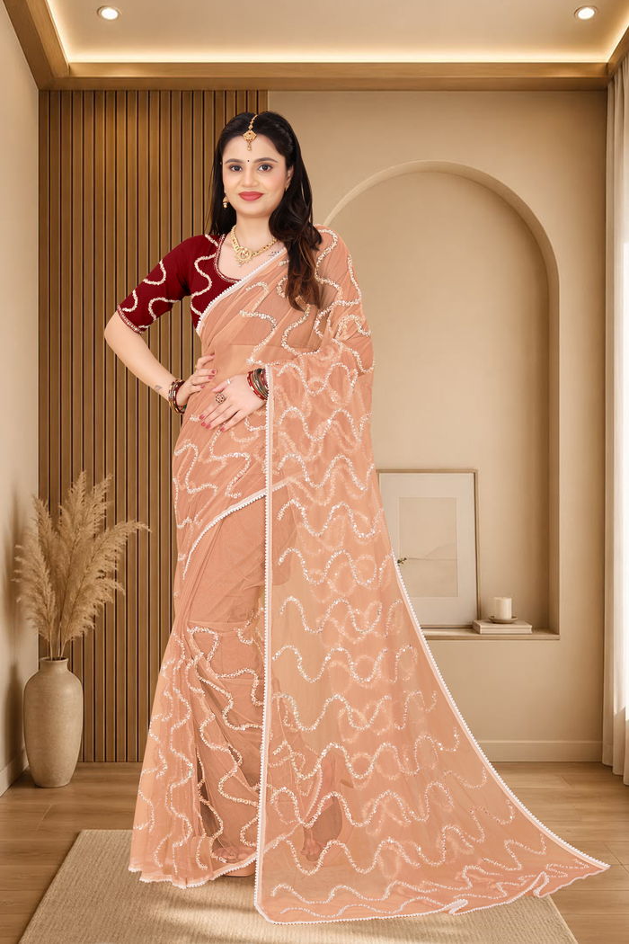 Nagin Sona Beige Saree — Nagin Jacquard Loom Weave with Resham Lehariya