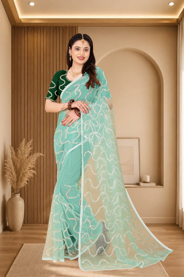 Nagin Pista Mint Saree — Nagin Jacquard Loom Weave with Resham Lehariya