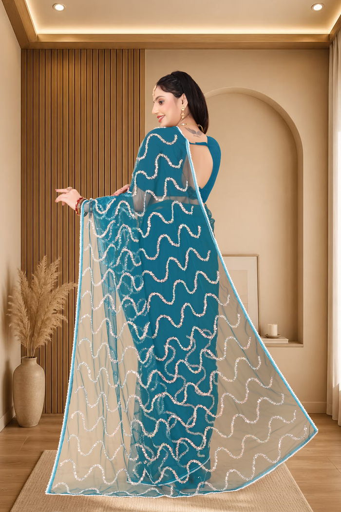 Nagin Morpankhi Teal Saree — view 4