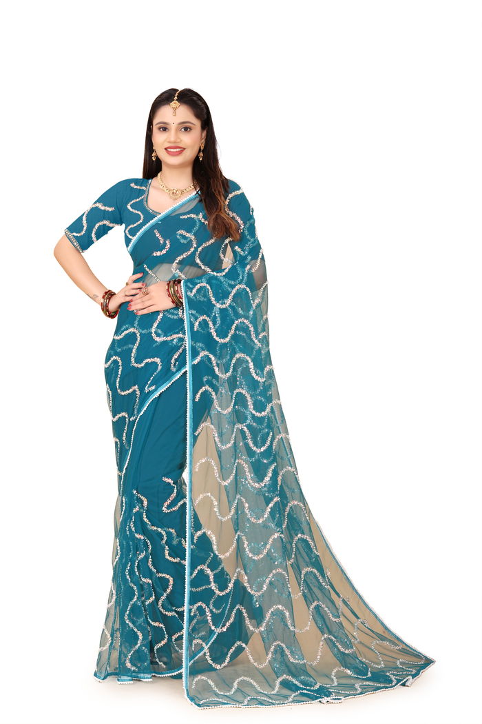 Nagin Morpankhi Teal Saree — view 6