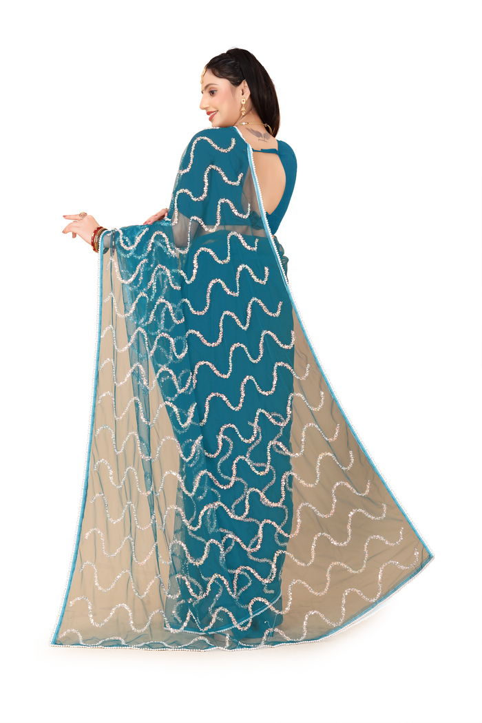 Nagin Morpankhi Teal Saree — view 9