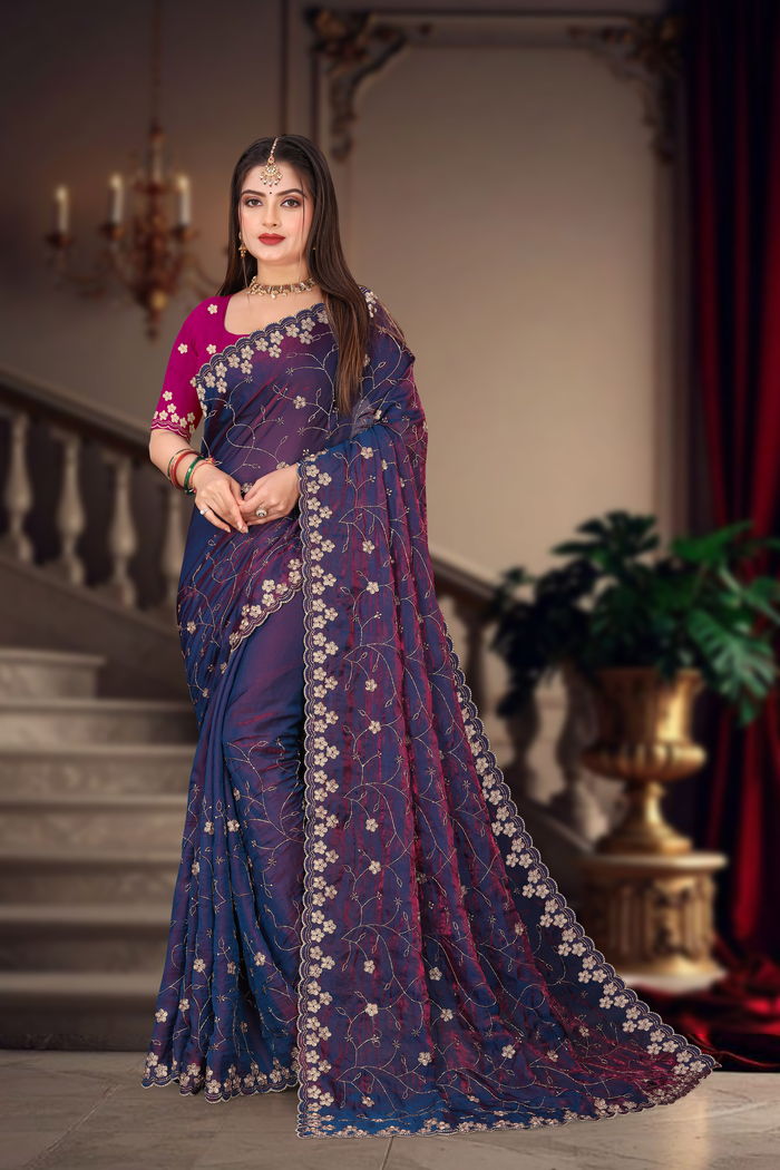 Neelam Midnight Zari Brocade Saree — Antique Zari Brocade & Resham Aari Handwork