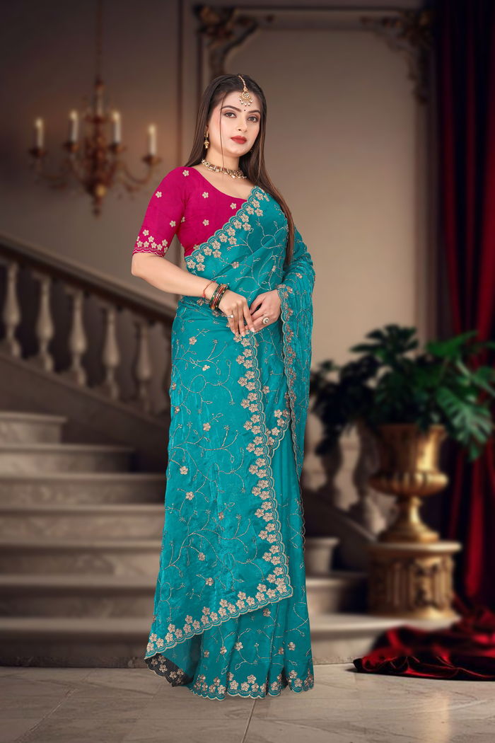 Firozi Peacock Real Zari Saree — view 3